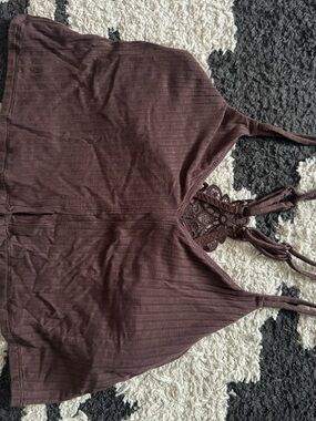 aerie Brown Ribbed Crochet Back Crop Tank